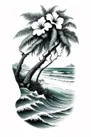banyan tree and hibiscus flower with ocean waves on a beach tattoo design idea