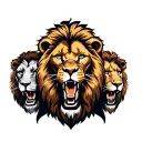 A male lion facing forward with one extra lion head facing left, another facing right, and a roaring lion below, all part of the same pride tattoo design idea