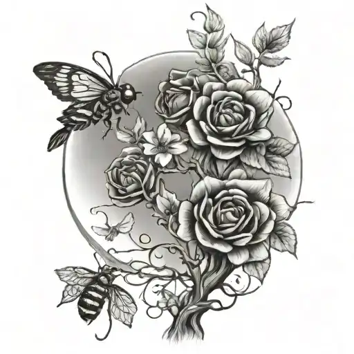 twisted tree, climbing flower, moon, bumble bee, wren, grafted branch tattoo design idea
