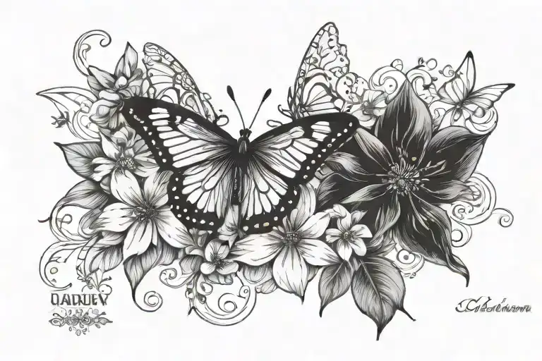 a flower with name written and with butterflies on collarbone tattoo tattoo design idea