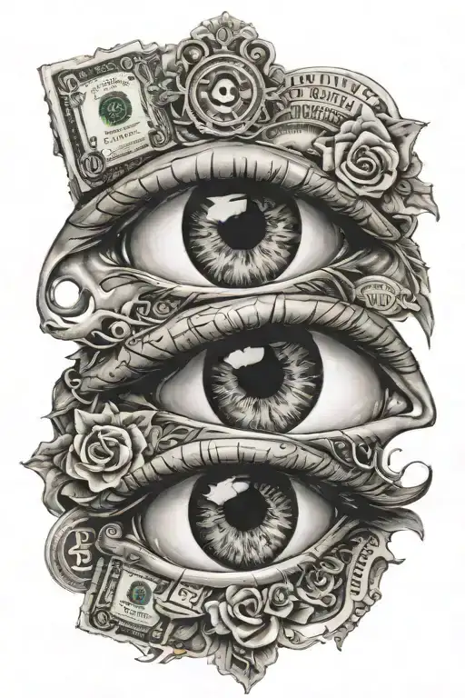 money, luck, peace of mind killer" eye tattoo design idea