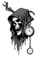 Evil looking Death hooded but his skull is visible and he is holding a chain with a clock at the end.  tattoo design idea