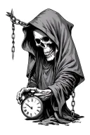 Evil looking Death hooded but his skull is visible and he is holding a chain with a clock at the end.  tattoo design idea