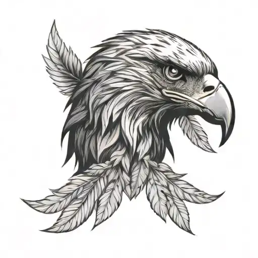 Eagle head profile, detailed feathers, cannabis leaf shaped wing design, surrounding the head. Intricate, realistic styl tattoo design idea