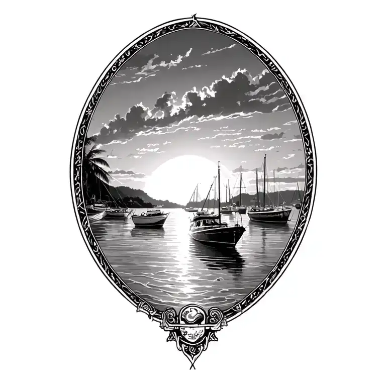 Sunset, Coco Beach & its Bay, Costa Rica, dozens of various size fishing + leisure boats anchored in distance in the Bay tattoo design idea