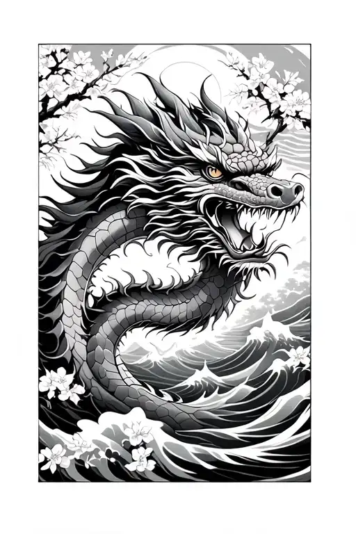 Chinese dragon with waves crashing in the background with cherry blossoms blooming tattoo design idea