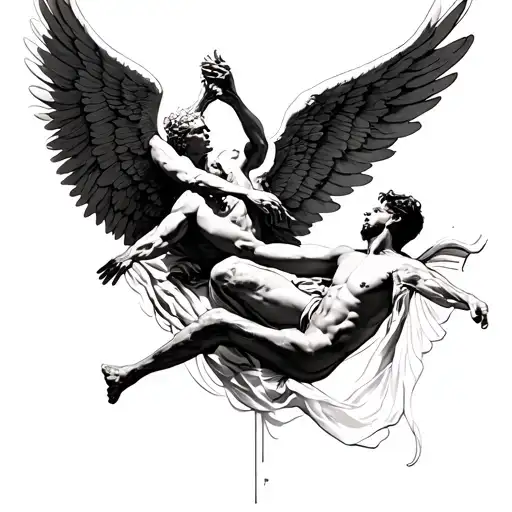 a falling guy and a died falling angel protect him with angel wings on his under tattoo design idea