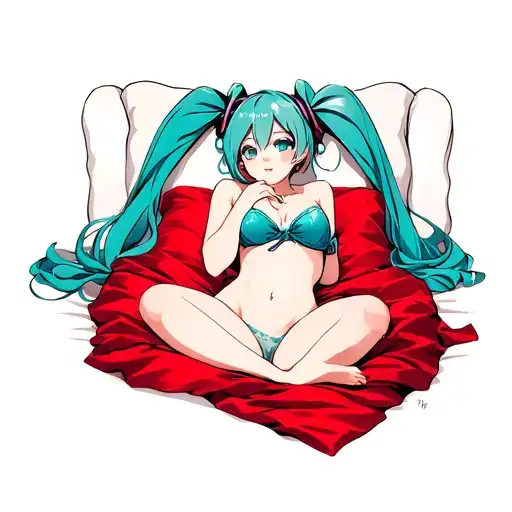 Sexy Hatsune Miku laying in a red velvet sheet tattoo design idea