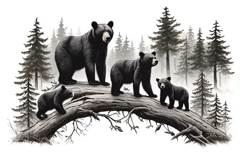 use the same  2 parent black bears with 3 cubs in the forest sample and just add another cub to right of last cub on the tattoo design idea