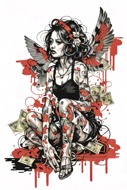 Girl, money, angel baby tattoo design idea