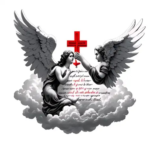 Angels and clouds, Bible verse and small cross, something in red. tattoo design idea
