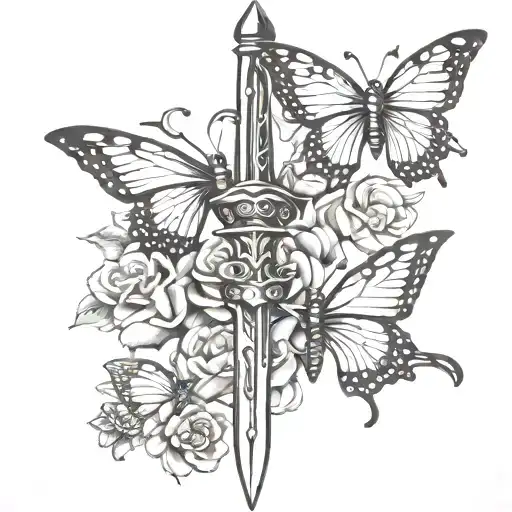 sword and butterflies flying together tattoo design idea