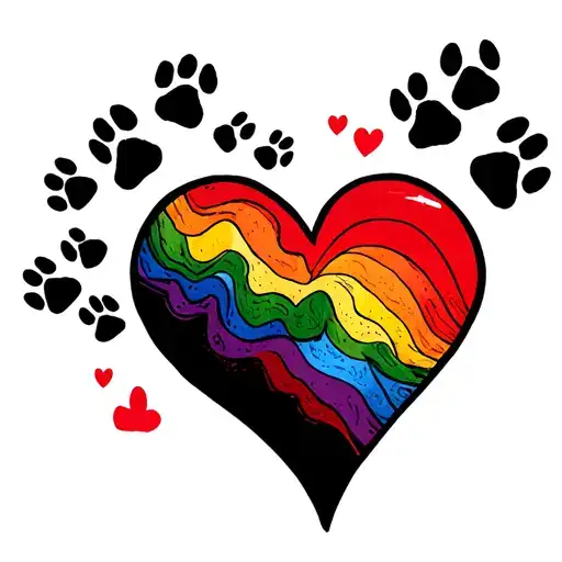 red shaded love heart with a rainbow coloured wolf paw prints following a wavey line up to the bottom of the heart  tattoo design idea