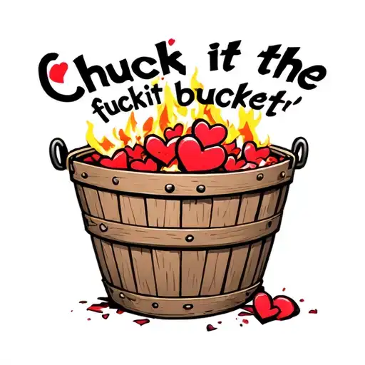 "Chuck it inthe fuckit bucket " "Chuck it inthe fuckit bucket " on the bucket, wooden bucket filled with broken hearts on fire inside tattoo design idea