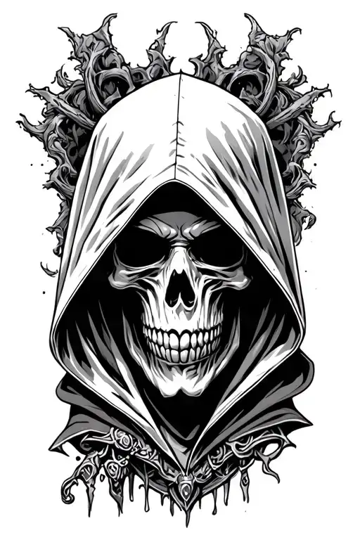 dark hooded reaper whose face is hidden in the shadow of its hood tattoo design idea