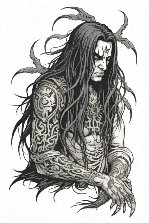 Black metal guy with long black hair in gothic style tattoo design idea