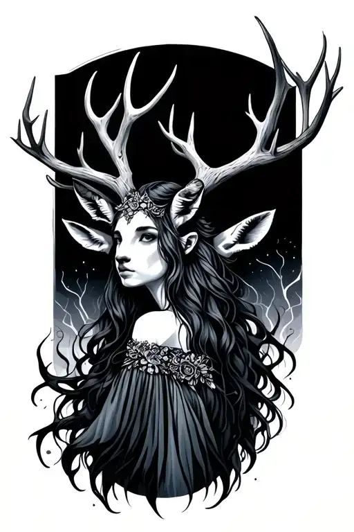 ametrius goddess with deer antler  tattoo design idea