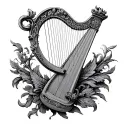 pen drawing of a harp with the body made of janus roman god tattoo design idea