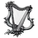 pen drawing of a harp with the body made of janus roman god tattoo design idea