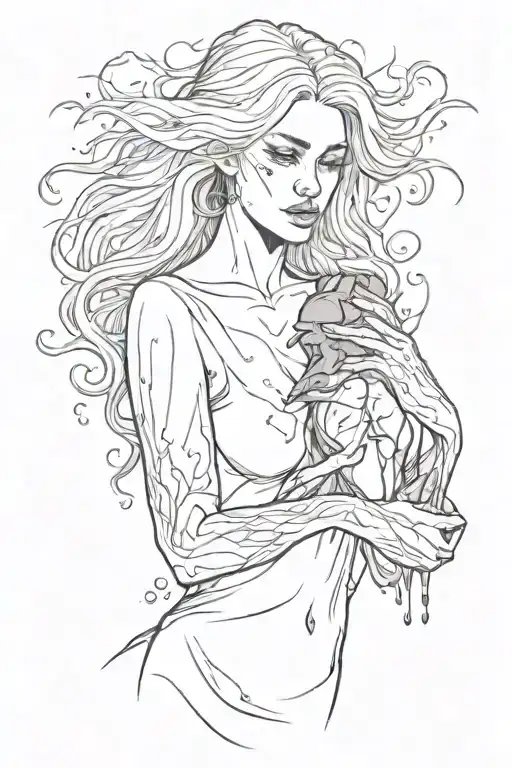 blonde woman with tears running down her face holding a human heart with blood running down her arm tattoo design idea