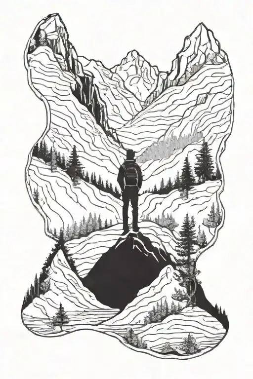 mountain, alpine forest and a person waiting in the hope to meet his love tattoo design idea