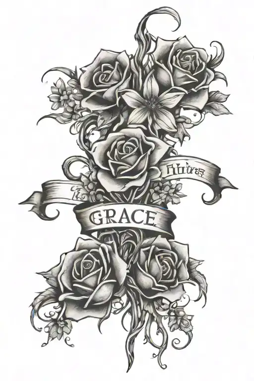 barb wire and flowers intertwining with the quote grace thrives where strength endures tattoo design idea
