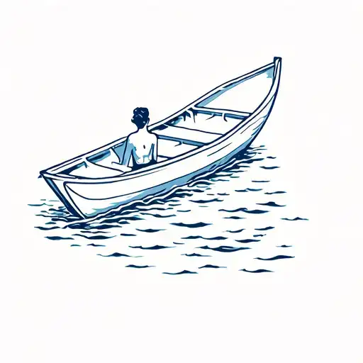 row boat from above with little swimming figure besides tattoo design idea