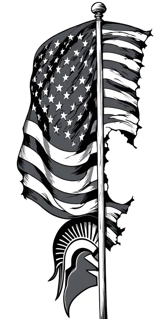 American flag waving and tattered American flag spartan tattoo design idea