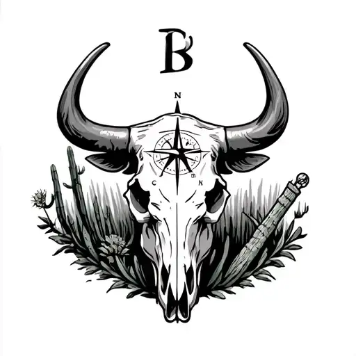 compass, old style gun, cactus, cow tag, western bull skull tattoo design idea