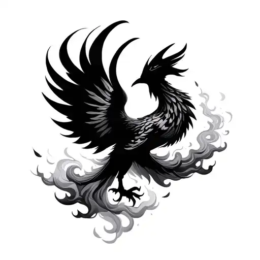 A silhouette of a phoenix bird taking shape from wisps of smoke, symbolizing rebirth. tattoo design idea