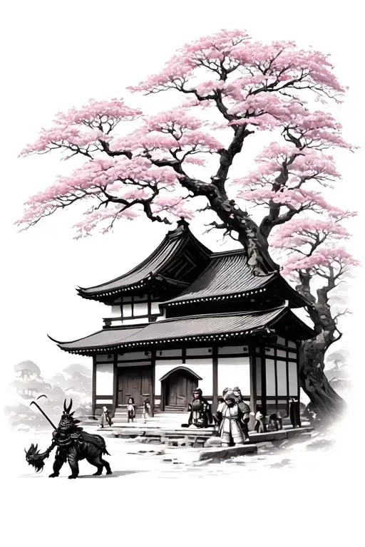 japanese village nestled in a deep cherry forest with people and a oni samurai tattoo design idea