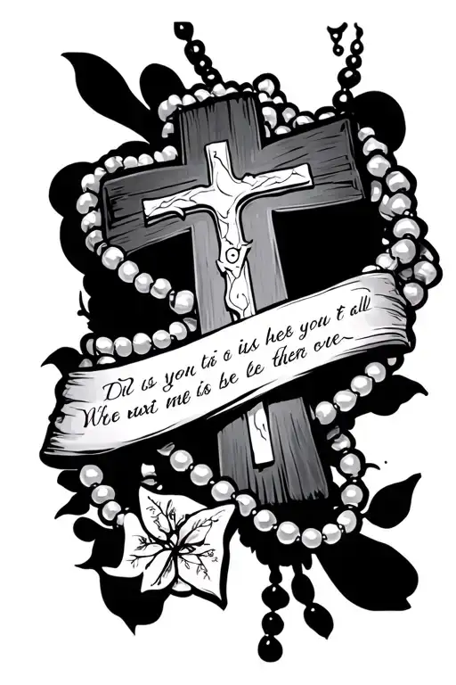Cross with beaded necklace through it with a bible verse on top of it on forearm tattoo design idea