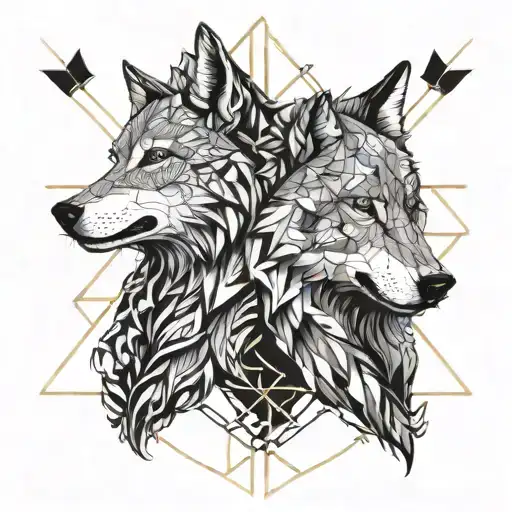 two wolf's heads one angry black second white quiet tattoo design idea