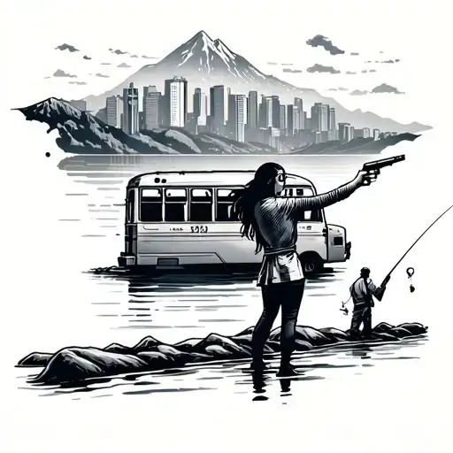 girl pointing a gun at the bus driving through the city with mountains background and a man fishing a  body of water  tattoo design idea