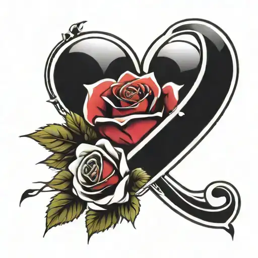 Lifelike modern simple design heart tattoo with a rose and the Letter N tattoo design idea