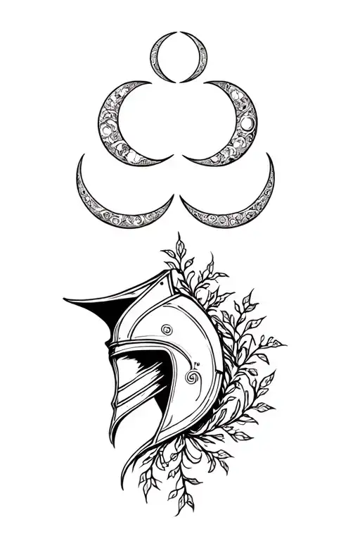 knight helmet, 5 crescent moons, filigree vine intertwined tattoo design idea