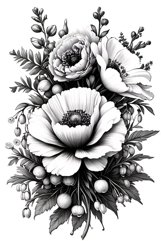 Carnation, violet, sweet pea, lily of the valley, larkspur, poppy, cosmos in a Bouquet  tattoo design idea