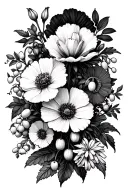 Carnation, violet, sweet pea, lily of the valley, larkspur, poppy, cosmos in a Bouquet  tattoo design idea