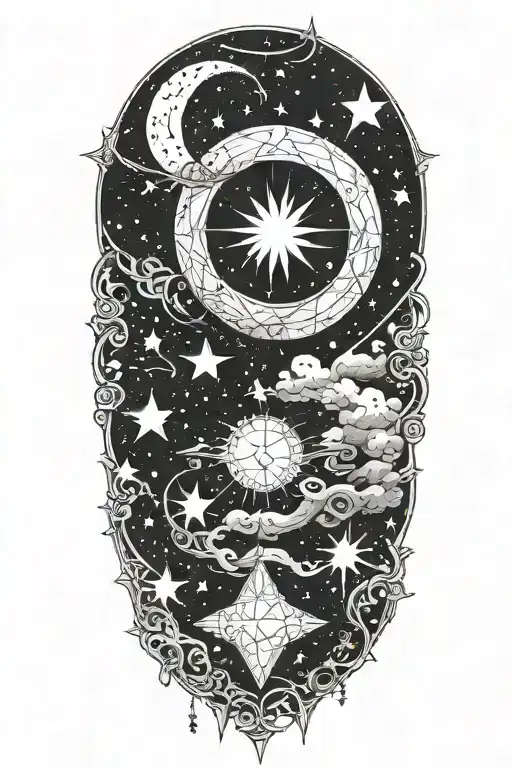 An intricate blackwork tattoo depicting the alignment of the stars in the night sky tattoo design idea