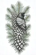 raven pine cone, fir branch, burnt tattoo design idea