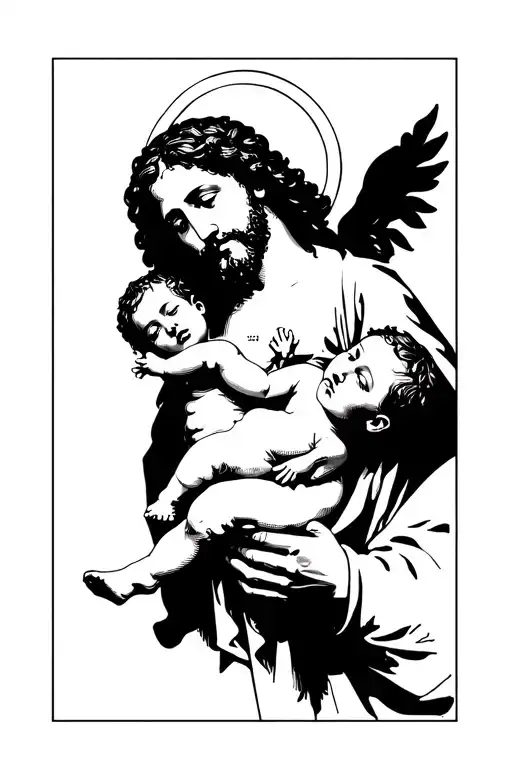 saint joseph hold baby jesus in his arms tattoo design idea