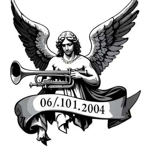 Angel Gabriel holding a trumpet and a banner with the date "06/01/2004" in roman numerals on it tattoo design idea