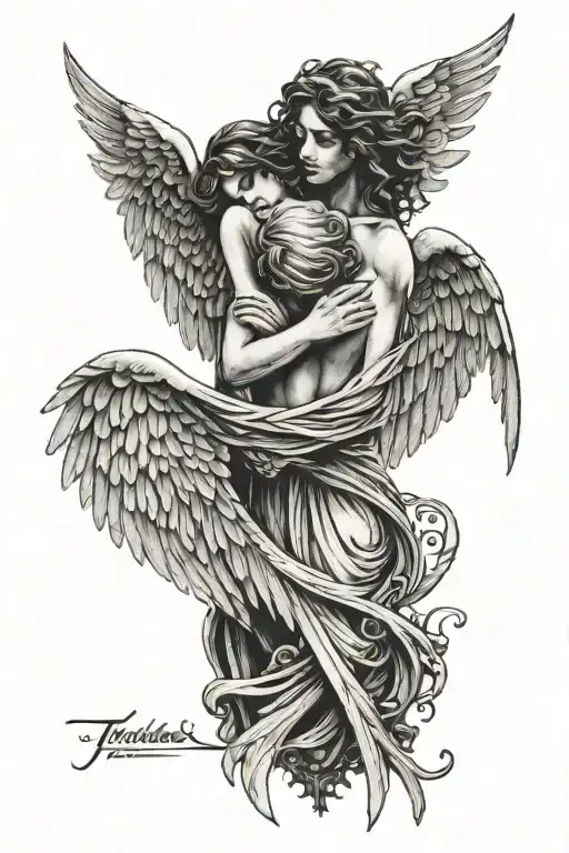angel wings hugging, silhouette of a person, above a cemetery fence, inscription tattoo design idea
