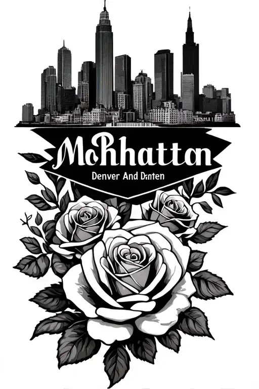 names Denver and Manhattan with roses and small city skyline for each city tattoo design idea