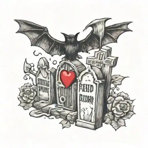 redrum with gravestones and bats flying tattoo design idea