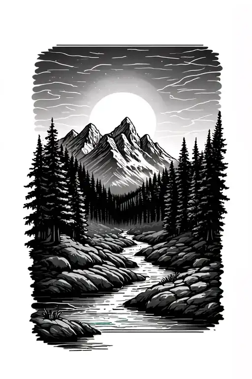 Mountains, sun, forest, stream, walk tattoo design idea