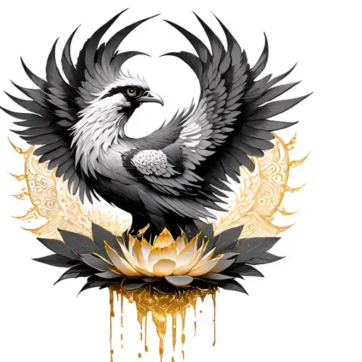 a phoenix faced forward looking down with its wings folded and a mandala lotus flower dripping gold between its wings tattoo design idea