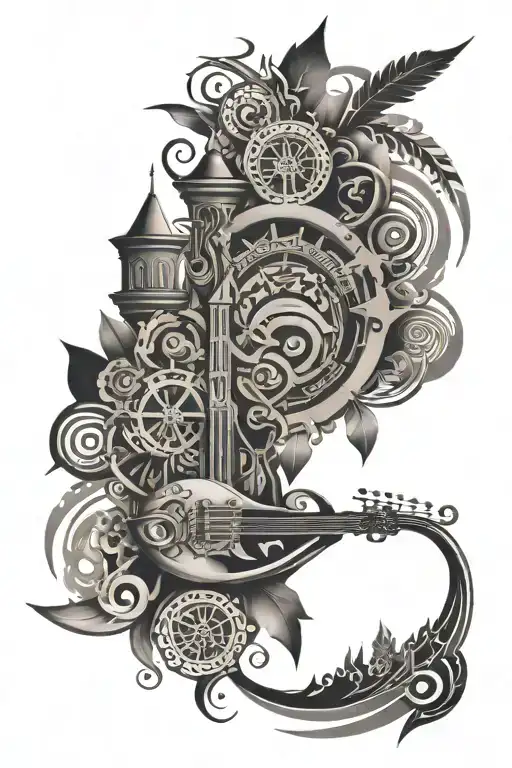 A black-grey tattoo design of a tribal pattern incorporating elements of music, gym equipment, family symbols, church motifs, and landmarks from the Netherlands and the Philippines, representing all of the client's interests and passions tattoo design idea