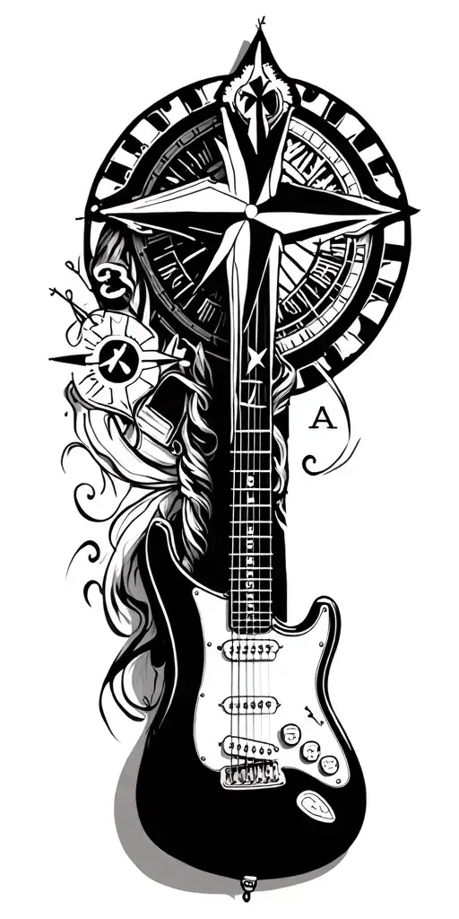 compass, gamepad, electric guitar, Orthodox cross tattoo design idea