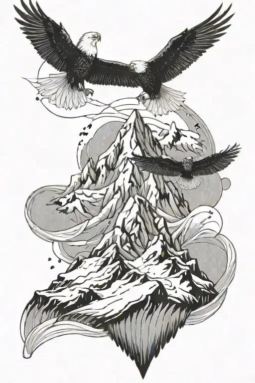 snow mountains with snow falling and ice eagles flying tattoo design idea